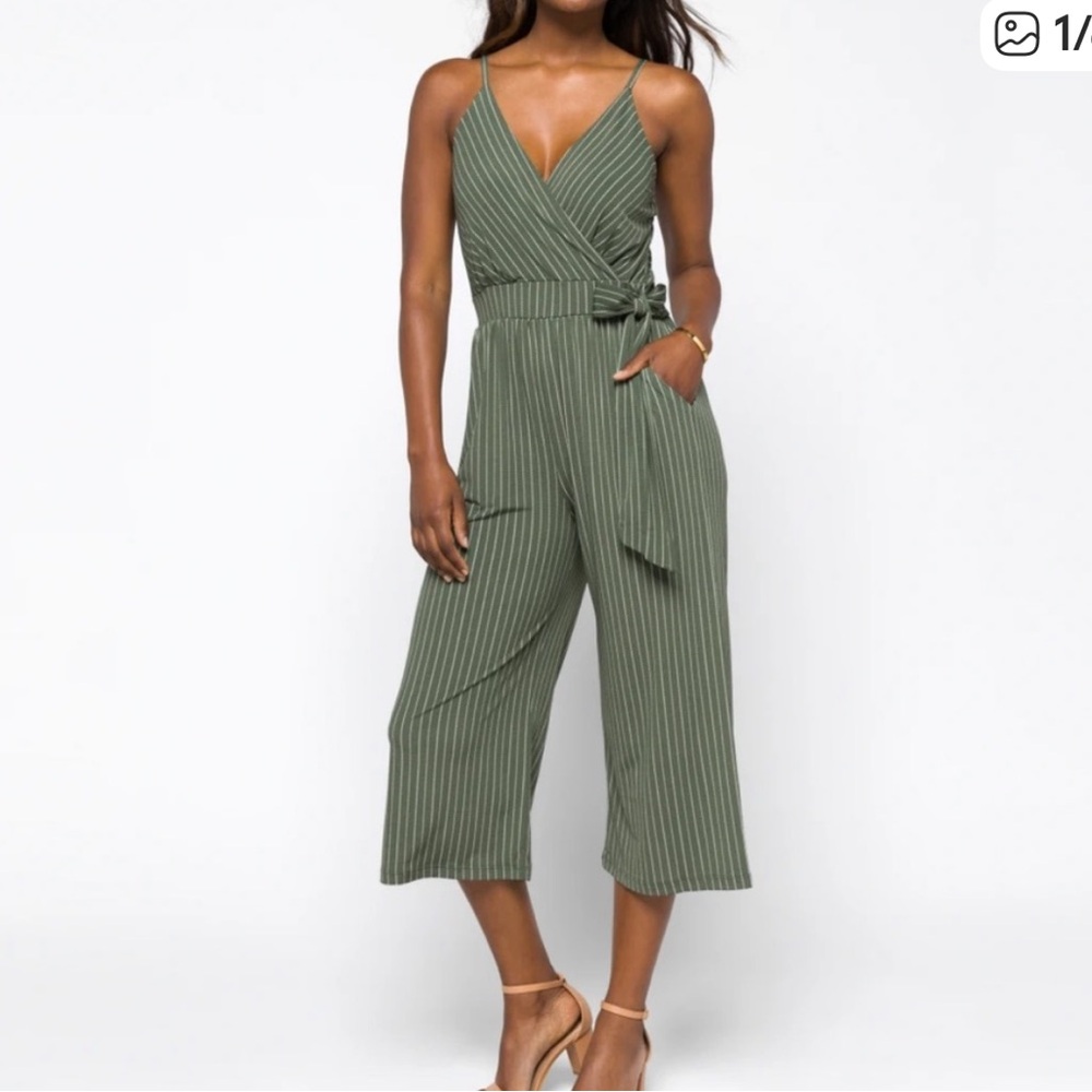 Kaileigh Olive Green Striped Jumpsuit